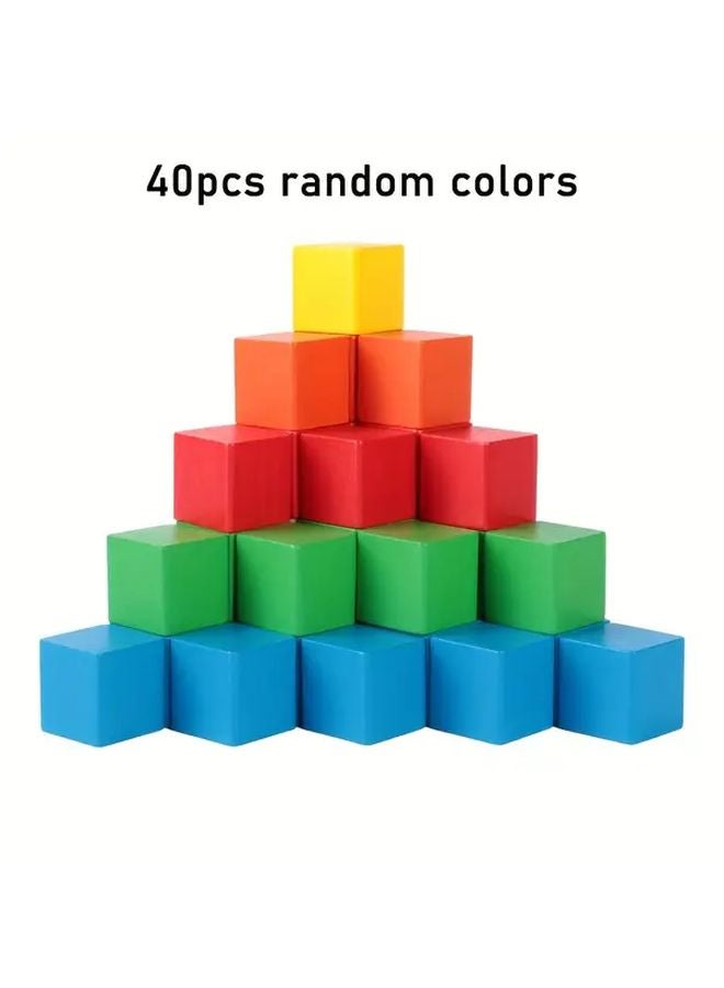40 Pcs Vibrant Wooden Building Blocks 3D Colorful Square Cubes Math Geometry Puzzle - Image 1